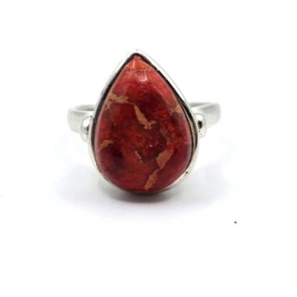 Huge Coral Rhodium Over Sterling Silver Solitaire Ring Size 12